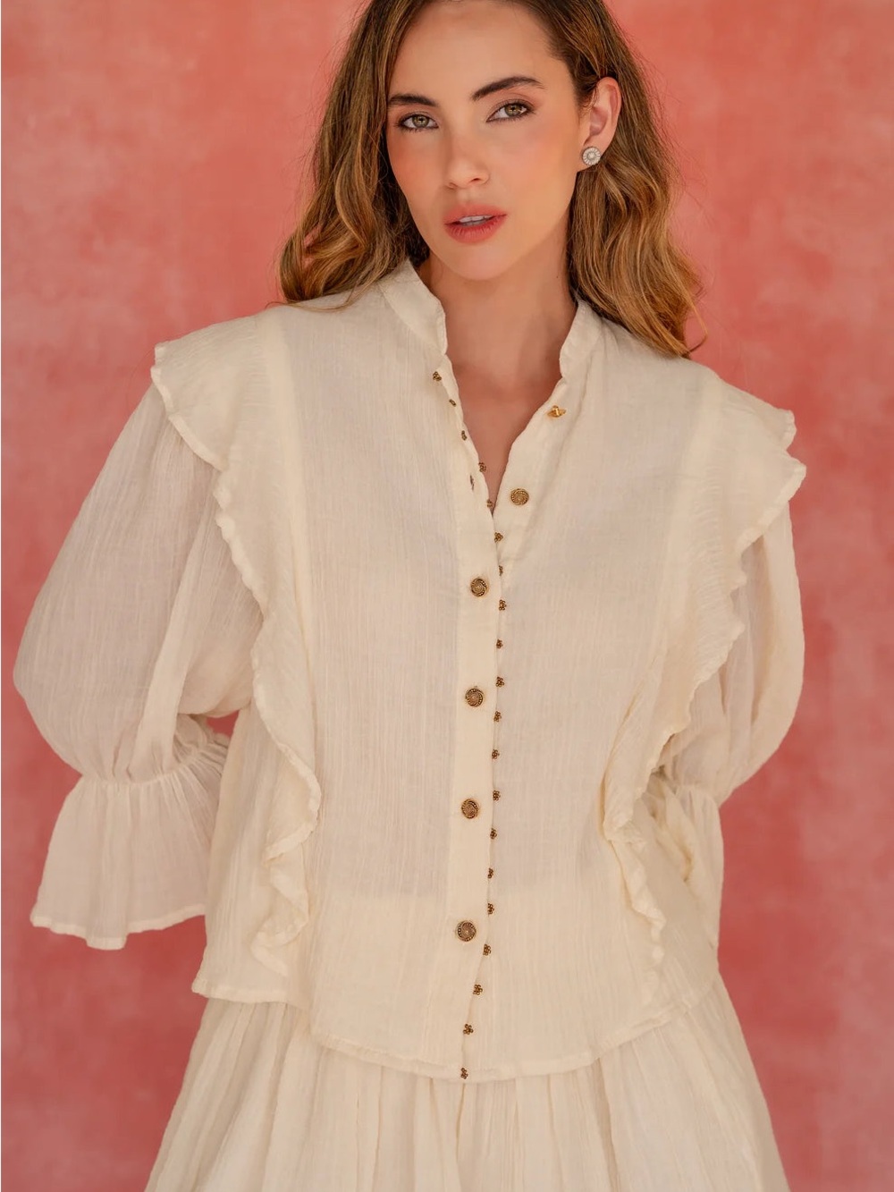 Ivory Ruffle Button-Front Women's Top - Picture 2 of 2